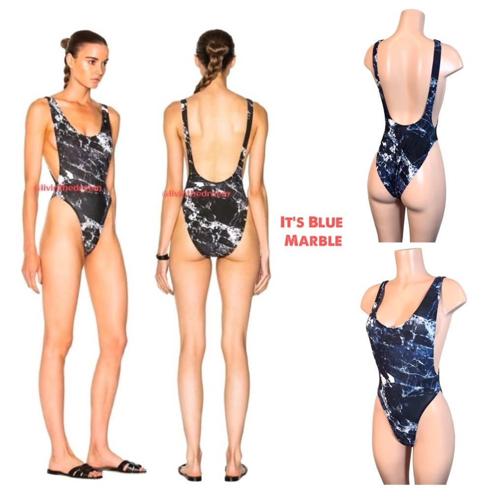 NORMA KAMALI Marissa Swimsuit Blue/ Black Marble SZ M $175